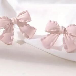 Pink Ruffle Bow Stud Earrings Screw Back Clip on